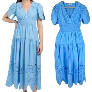 New Moon River‎ Women's Blue Embroidered Maxi Eyelet Puff Sleeve Dress Size S